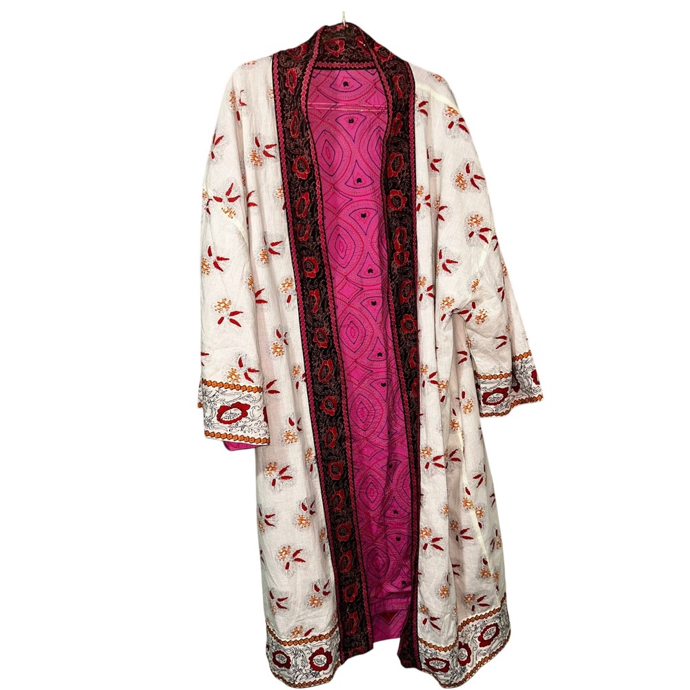 J.Jill Pure Jill Womens Kimono Robe XS/S Floral Block Print Duster Pink Cream - Picture 2 of 6